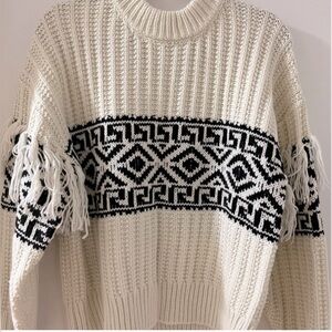 Dex Black & Cream Fringe Knit Sweater Trendy Boho Chunky Knit Size Medium DEX
